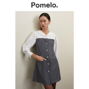 Pomelo 珍珠钮扣优雅气质中灰色设计感层叠连衣裙