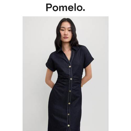 Pomelo 抽褶收腰连衣裙藏青V领明线显瘦气质通勤牛仔连衣裙女