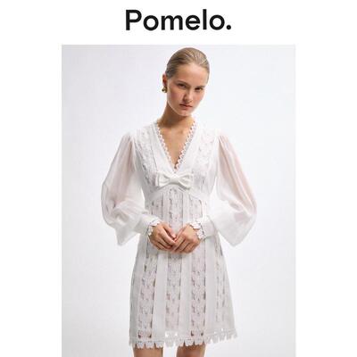 Pomelo 白色蕾丝连衣裙女V领蝴蝶结长袖温柔风小个子短款连衣裙
