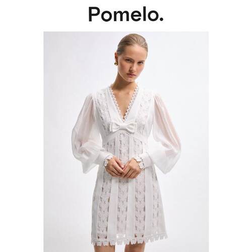 Pomelo 白色蕾丝连衣裙女V领蝴蝶结长袖温柔风小个子短款连衣裙