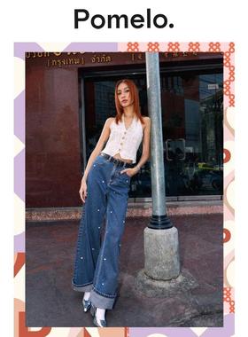 Pomelo 宽松慵懒蓝色爱心刺绣阔腿牛仔裤女