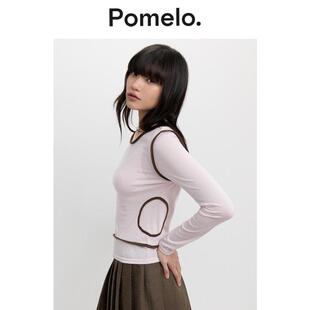 长袖 浅粉撞色饰边透视设计感小众修身 T恤上衣女 打底衫 Pomelo