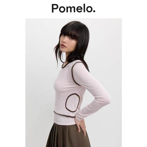 Pomelo 打底衫浅粉撞色饰边透视设计感小众修身长袖T恤上衣女