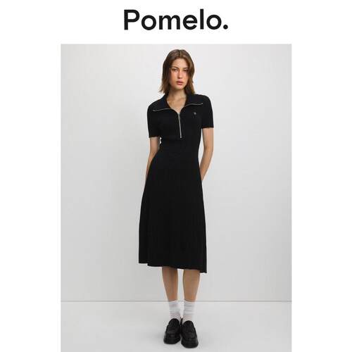 Pomelo 修身显瘦罗纹拉链中长款Polo连衣裙女