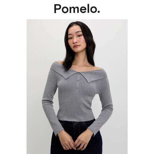 Pomelo 灰色露肩针织T恤女大翻领纽扣显瘦短款T恤上衣女