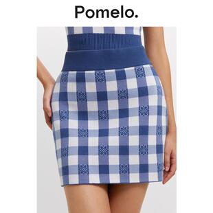 Pomelo 计感蓝白格纹短裙女高腰显瘦学院风易搭A字针织半身裙女