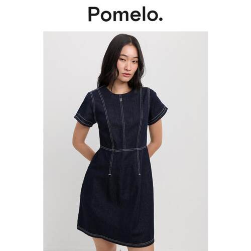Pomelo 短袖牛仔迷你连衣裙，后拉链 - 深蓝色
