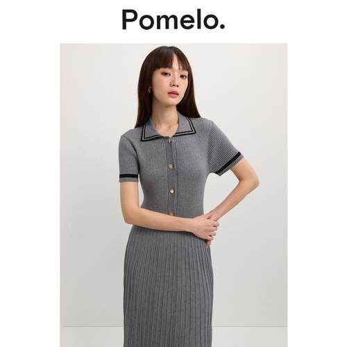 Pomelo 时尚气质褶饰Polo领修身短袖连衣裙
