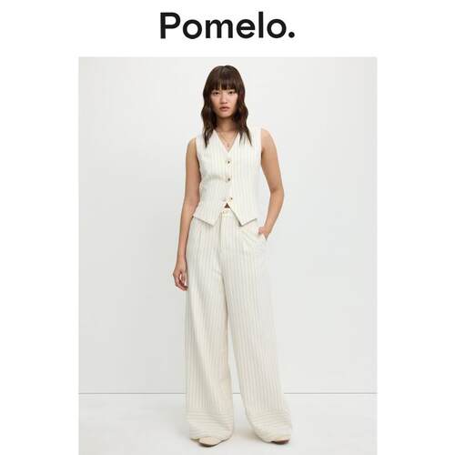 Pomelo 简约风米白条纹阔腿裤女高腰宽松显瘦垂感直筒长裤女