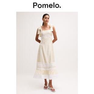 Pomelo 度假风吊带连衣裙蕾丝拼接蝴蝶结肩带显瘦气质连衣裙女