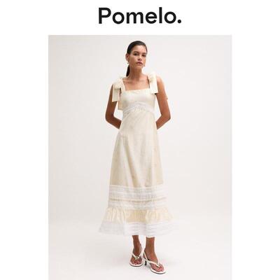 Pomelo 度假风吊带连衣裙蕾丝拼接蝴蝶结肩带显瘦气质连衣裙女