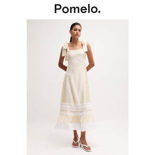 Pomelo 度假风吊带连衣裙蕾丝拼接蝴蝶结肩带显瘦气质连衣裙女