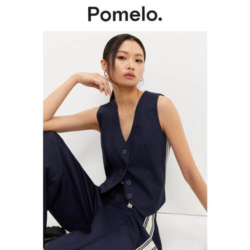 Pomelo 职场休闲藏青色V领马甲女气质通勤无袖显瘦外搭西装马甲