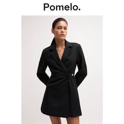 Pomelo 职场通勤黑色西装裙收腰扭结设计气质小个子显瘦连衣裙