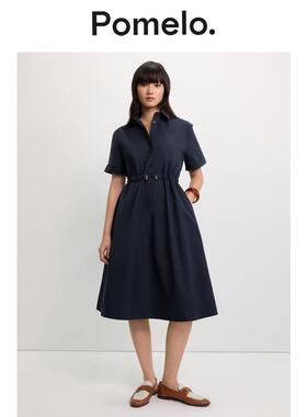 Pomelo 衬衫式连衣裙抽绳显瘦海军蓝收腰A字裙子女