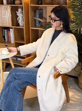 ESEK仿米兰貂V领中长款皮草简约风V领女冬季毛茸茸外套高级感显瘦