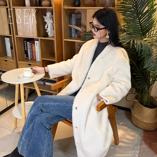 ESEK仿米兰貂V领中长款皮草简约风V领女冬季毛茸茸外套高级感显瘦