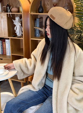 ESEK仿小母貂V领加长款皮草轻熟风简约女外套冬季新款毛茸茸大衣