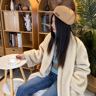 ESEK仿小母貂V领加长款皮草轻熟风简约女外套冬季新款毛茸茸大衣