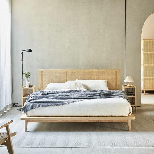 实木双人床床民宿创意尼藤编日式酒店简约现代印大床天然客栈卧室