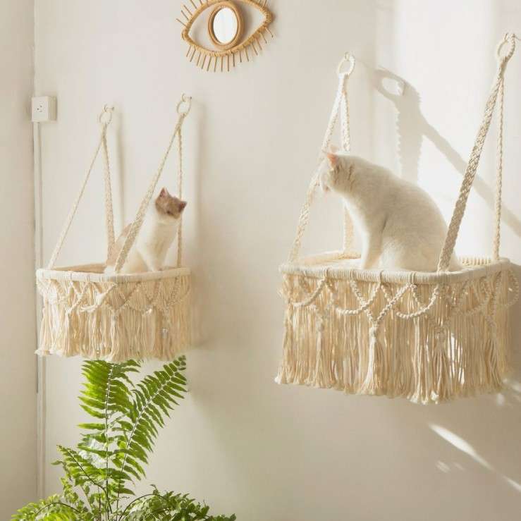 悬挂猫窝 花边猫床摆动挂毯宠物床棉绳千吊椅 波西米亚小猫吊床