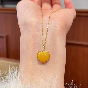 琳琯瑛黄色桃心蜜蜡吊坠天然琥珀鸡油黄玉石项链锁骨链送女友礼物