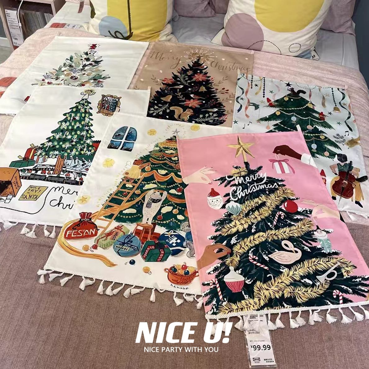 氛烘托墙面装饰新款卡通布置节插画挂画日画花边圣诞树圣诞布艺气图片