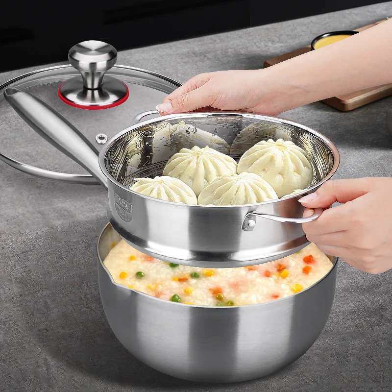 18-10三层钢韩式雪平锅不粘锅奶锅带蒸屉20CM家用汤锅不挑炉灶