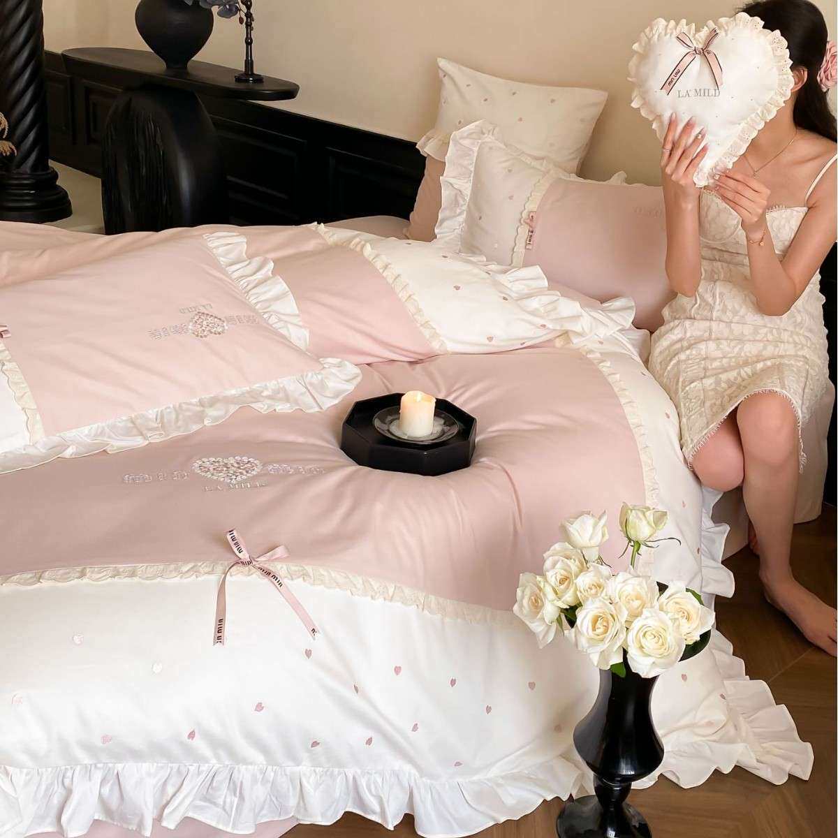 少女心100s全棉磨毛加厚秋冬床品荷叶花边爱心刺绣被套四件套