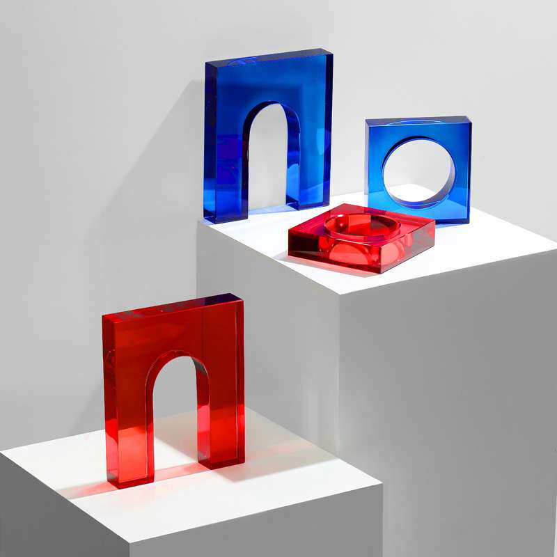 现代简约蓝色透明玻璃几何摆件书挡书靠样板间办公室桌面软装饰品