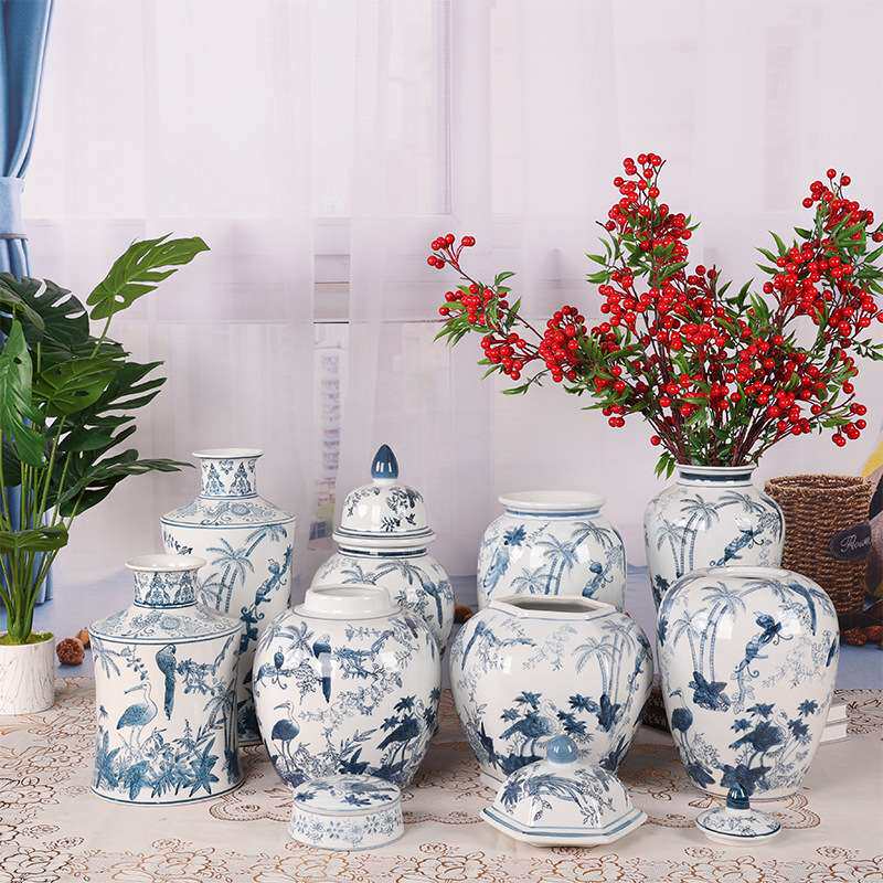 新中式陶瓷摆件花瓶玄关客厅酒店样板房饰品仙鹤青花瓷鲜花图片