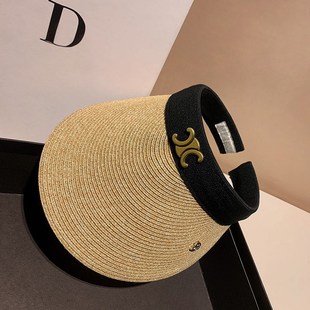 金属字母凯旋门草帽女夏季帽子草编空顶K遮阳帽防紫外线沙滩太阳