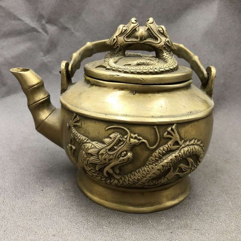 纯铜工艺品铜壶 酒壶水壶家居工艺摆件 双龙壶 提梁壶 复古铜器