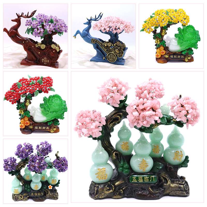 一鹿向钱水晶发财树白菜如意葫芦紫黄水晶发财树家居工艺品摆件