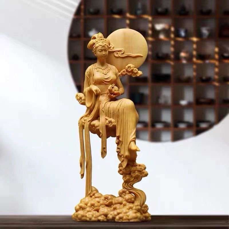 太行崖柏嫦娥奔月摆件古代神话美人实木雕刻嫦娥抱兔中式客厅饰品