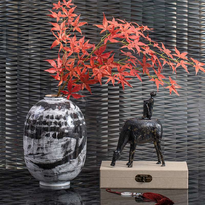 新中式水墨陶瓷花器样板房间书房玄关水墨画复古插花瓶大气摆件