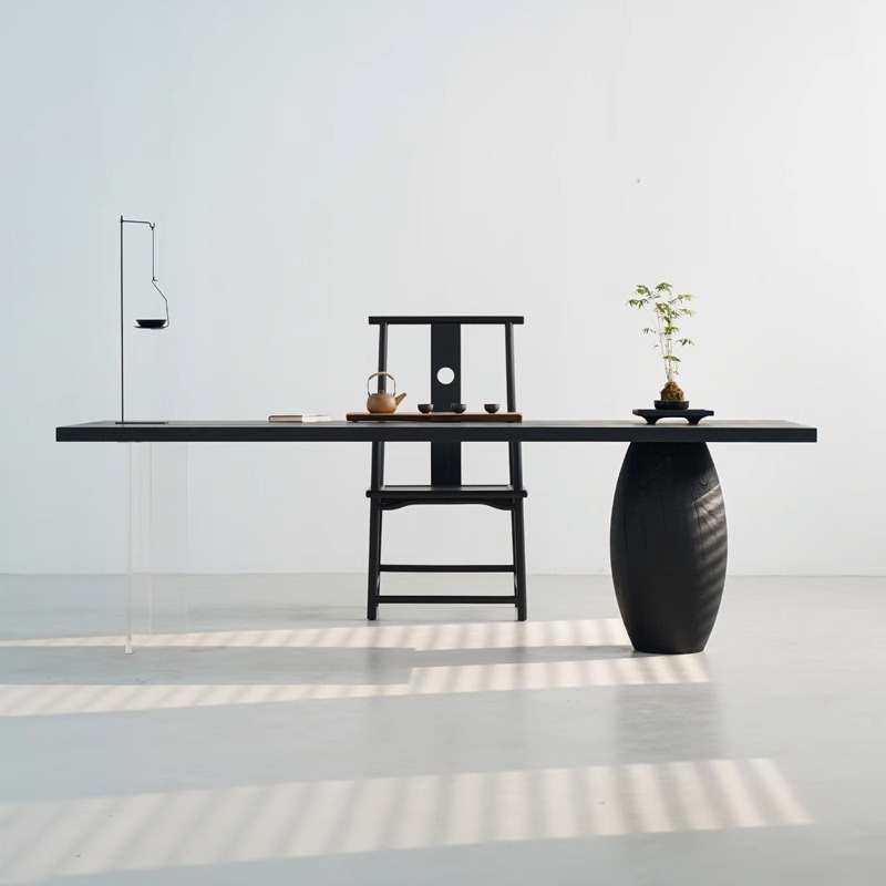 日式侘寂风黑色白蜡木茶桌书桌实木桌G子家用茶台禅意新中式大板