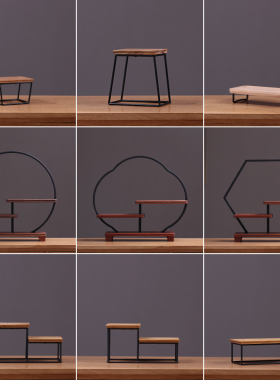 禅意实木置物g架摆件创意桌面饰品茶几铁艺方格子中式博古架工艺