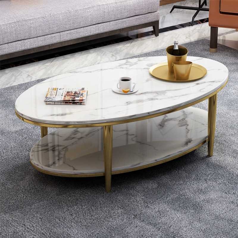 北欧大理石面双层茶几客厅简约现代轻奢H椭圆形小户型电视柜沙发
