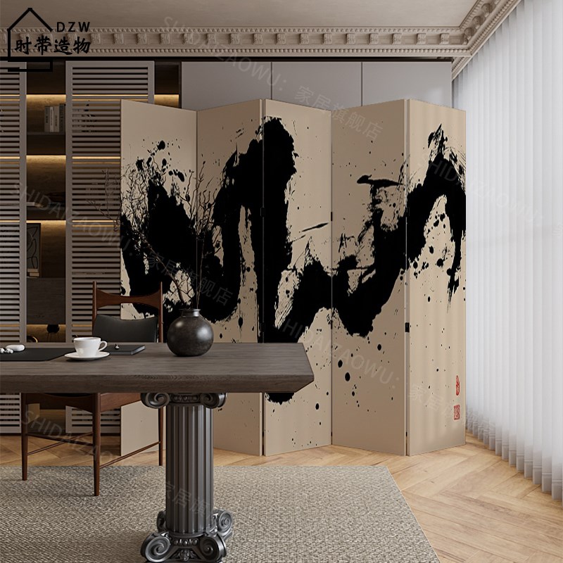 新中式水墨中国风屏风p折叠移动入户玄关客厅酒店隔断遮挡实木折