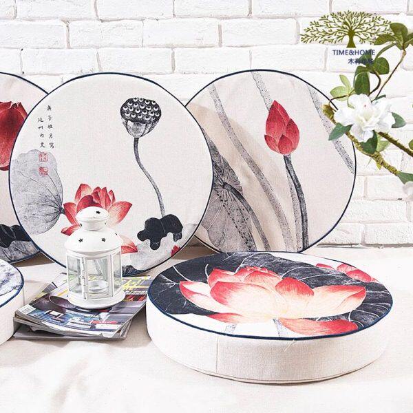 中国风荷花棉麻复古蒲团垫可拆洗打坐垫加厚禅修垫跪垫圆形拜佛垫