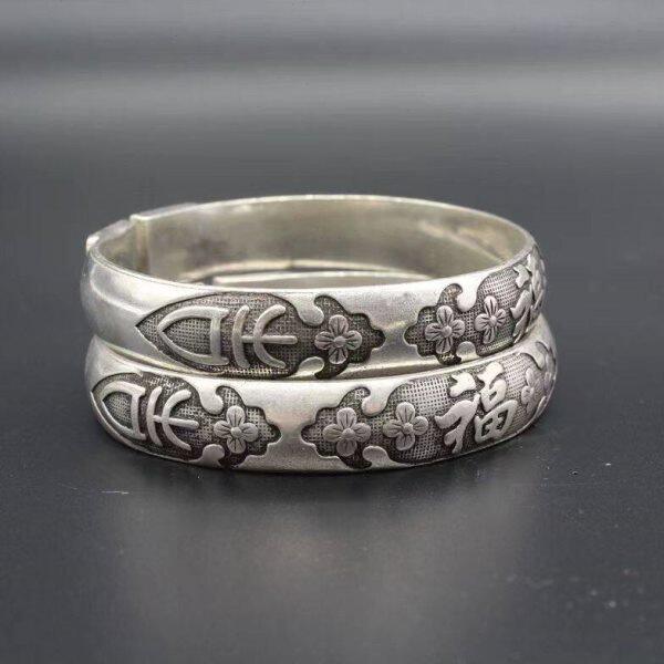 银吉祥做旧复古手镯一对银镯子手环福字镯子民族风苗纯手工实心