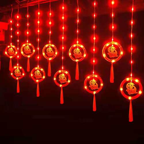 春节中国红春字福字灯笼皮线八功能窗帘布置家用阳台庭院装饰彩灯