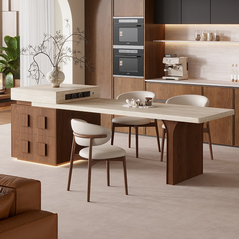下挂岩板岛台餐桌一体可伸u缩家用中古风胡桃色开放厨房餐厅中岛