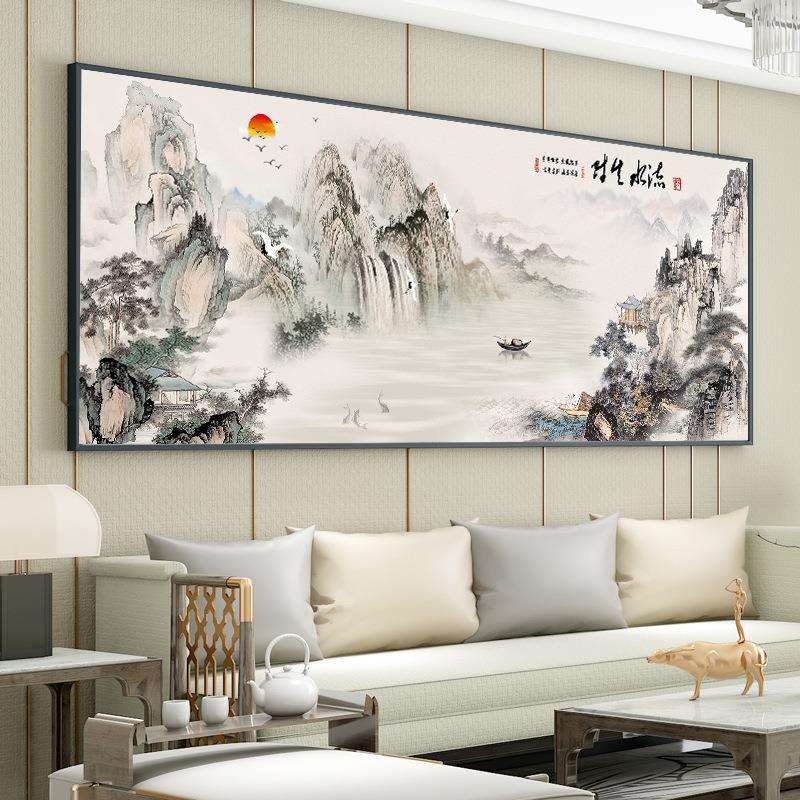 新中式国画流水生财十字绣2024新款线绣客厅大幅自己绣手工风景画