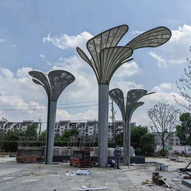 抽象金属树叶造型钢结构廊架雕塑公园广场不锈钢景观树形花瓣雕塑