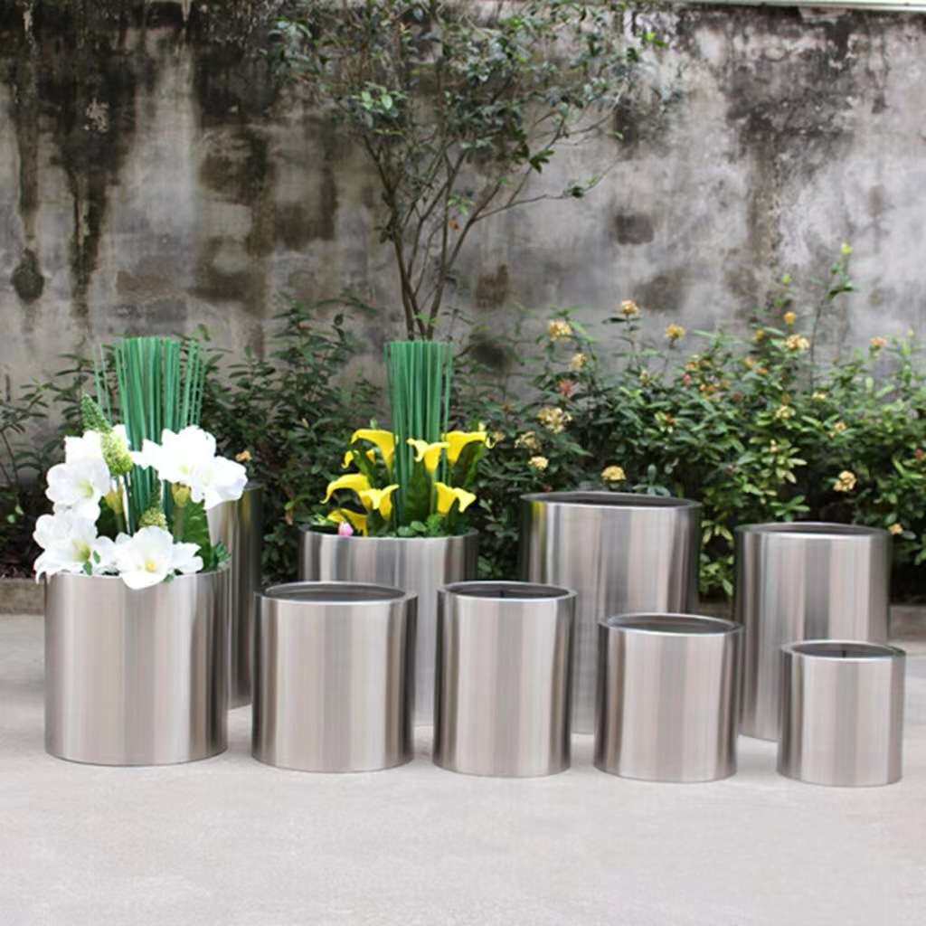 不锈钢花盆金属花器种植箱树池户外花箱拉丝金属花钵庭院景观花箱