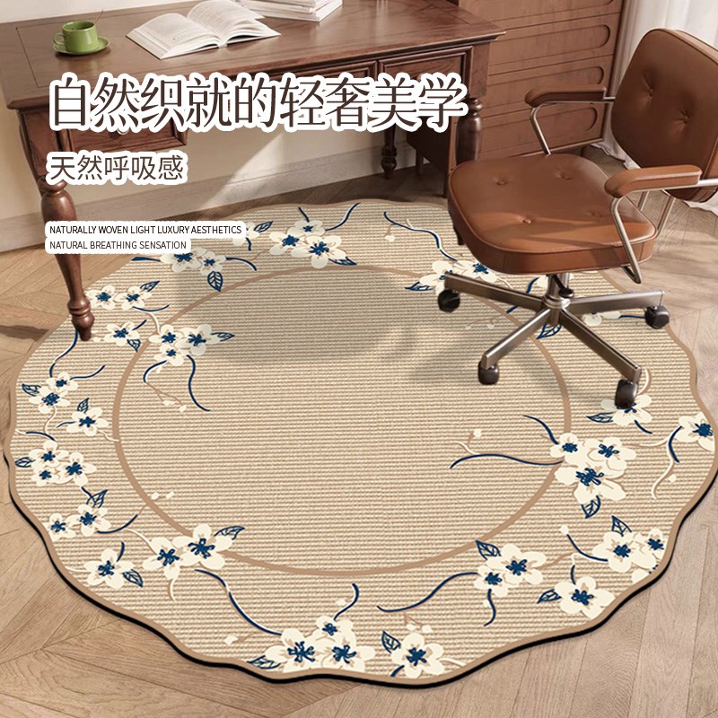 圆形亚麻地毯中古风吊p篮垫圆形地垫防滑毯耐磨转椅垫卧室床边地