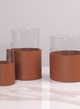 现代轻奢花瓶g玻璃皮革艺术花器摆件餐厅酒店样板房软装圆形装饰