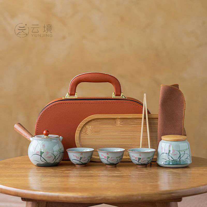 哥窑手绘荷花旅行茶具套装便携式快客杯一壶三杯陶瓷旅行茶具